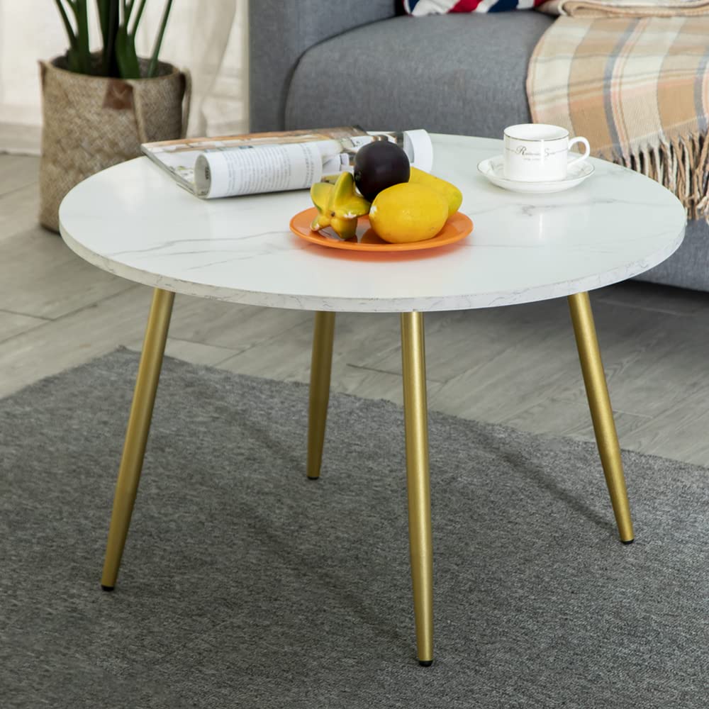 Photo 1 of MAIKAILUN White Round Coffee Table, 27" Marble Gold Coffee Table, Circle Center Table for Living Room, with Metal Legs(27.6D*16.7H)