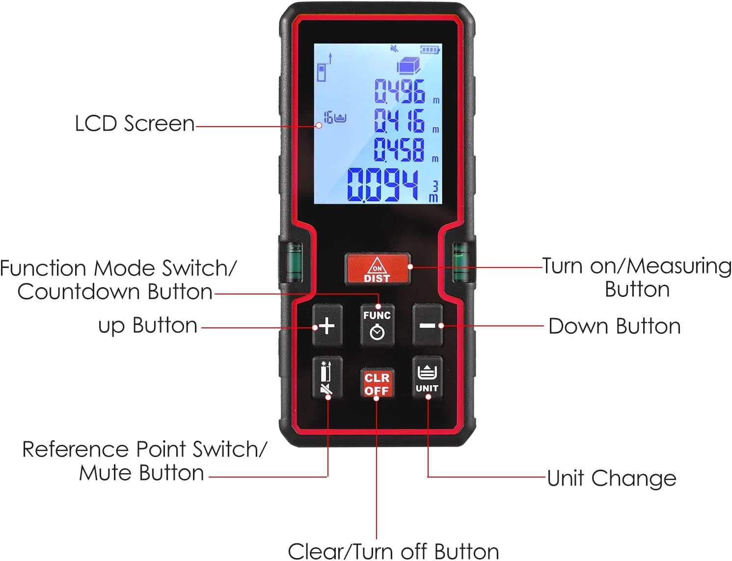 100m Measure LCD Digital Distance Meter Mini Finder Distance/Area//Pythagorean Measuring with Dual Level Bubble, Unit Ce, Datum Mark Switch, Countdown, History