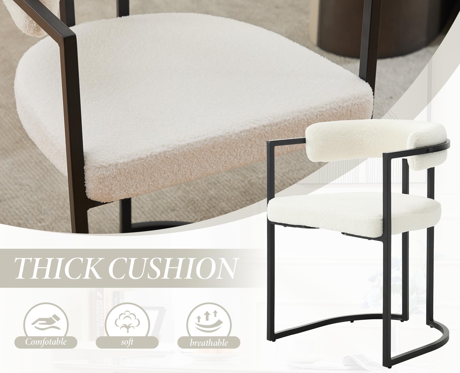 chairus Juego de 2 Sillas de Comedor de Lana Sintética Silas Laterales con Respaldo Curvado, Silla de Cocina con Marco de Metal Silla Decorativa Moderno para Hogar/Restaurante, Blanco