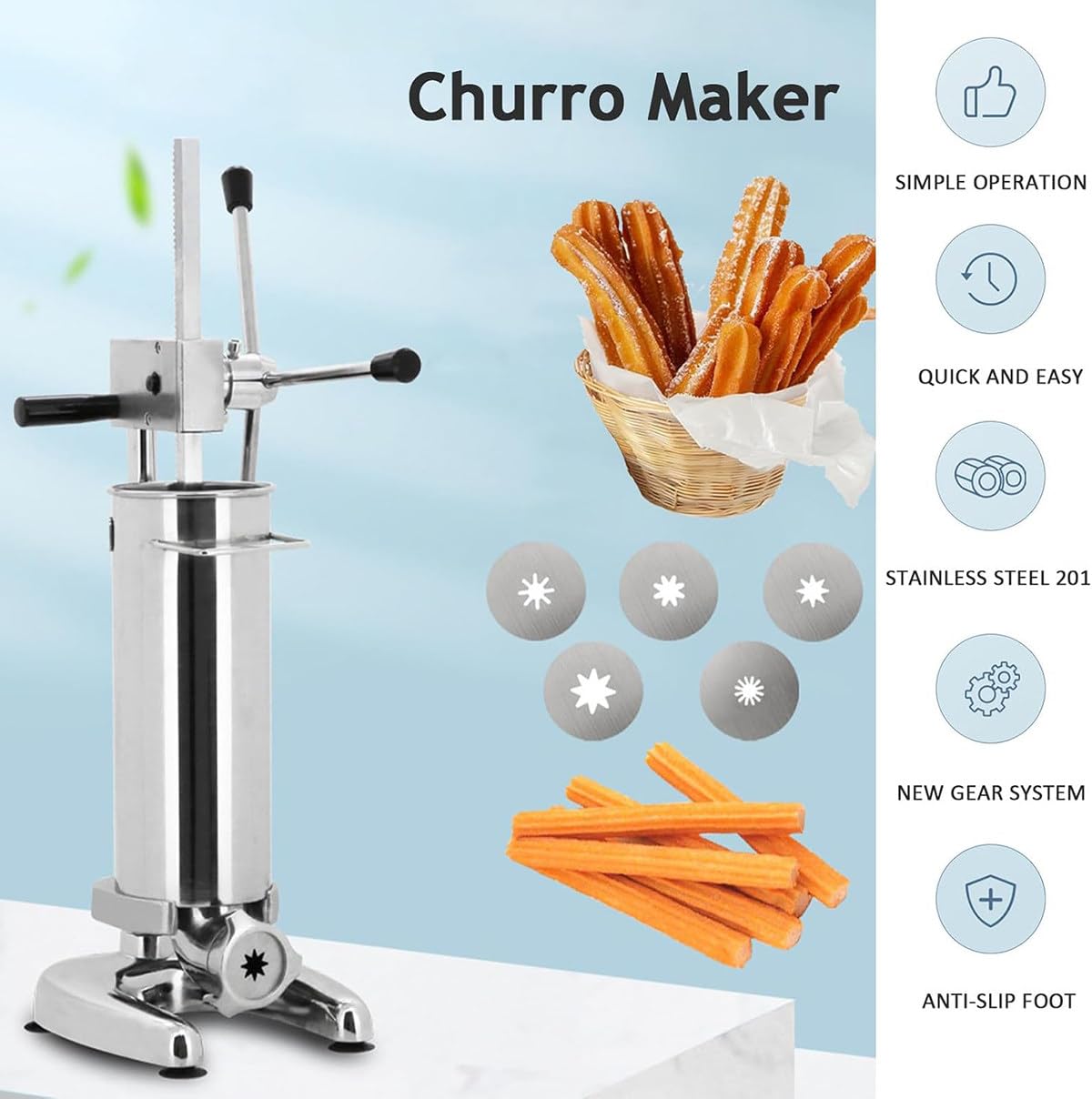 Máquina para Hacer Churros Manual, churrera española Vertical de Acero Inoxidable, para restaurantes, hoteles, cafeterías, panaderías 2L