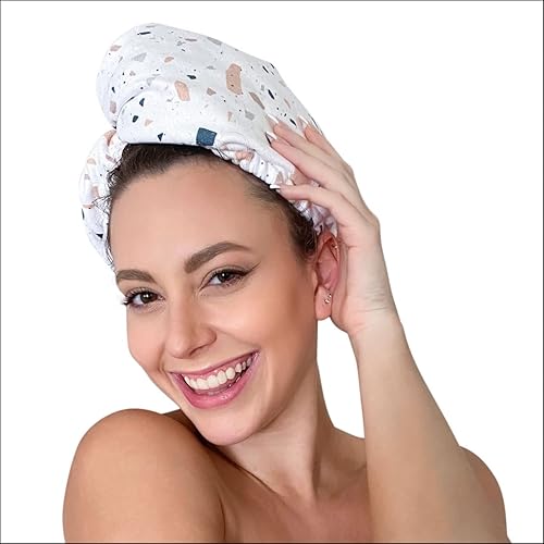 Kitsch Microfiber Hair Towel Twist Wrap Turban for Women Super Absorbant and Ultra Soft Easy Drying for Wet Hair - After Spa Hair Towel (White Terrazzo)