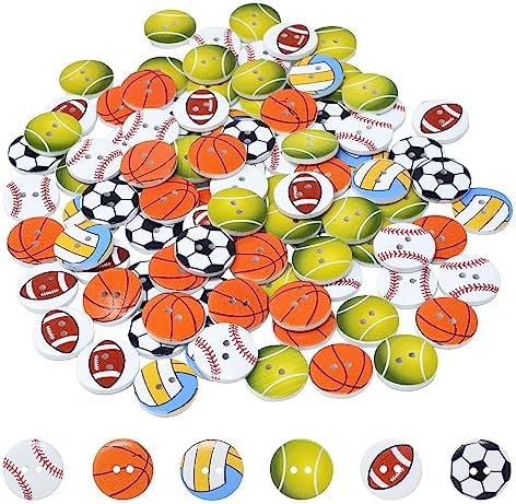 Honbay 100PCS Wooden Sports Buttons - Mixed 6 Styles, 20mm Round 2-Hole Sewing Buttons For Crafts & Clothing