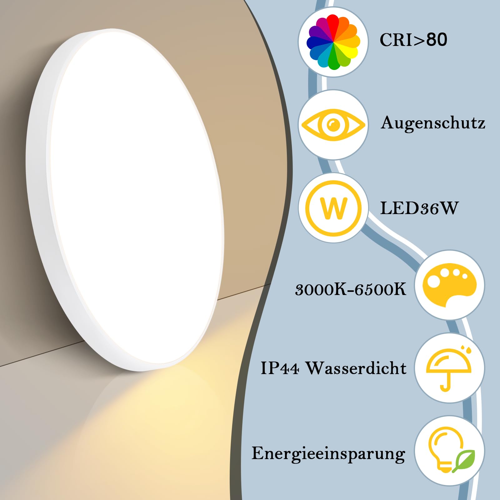 Deckenlampe LED Deckenleuchte Badezimmer - 2ER 36W Dimmbar mit | Fernbedienung Schlafzimmerlampe 37CM Rund Flurlampe Decke IP44 Badlampe 3000K-6500K Wohnzimmerlampe für Flur Küche Bad