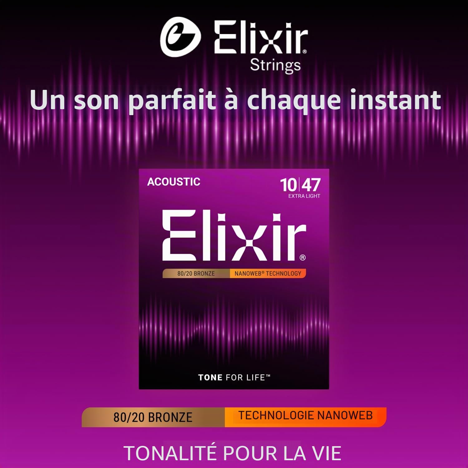 Cordes Elixir® en Bronze 80/20 pour guitare acoustique avec revêtement NANOWEB®, Extra Light (.010-.047)