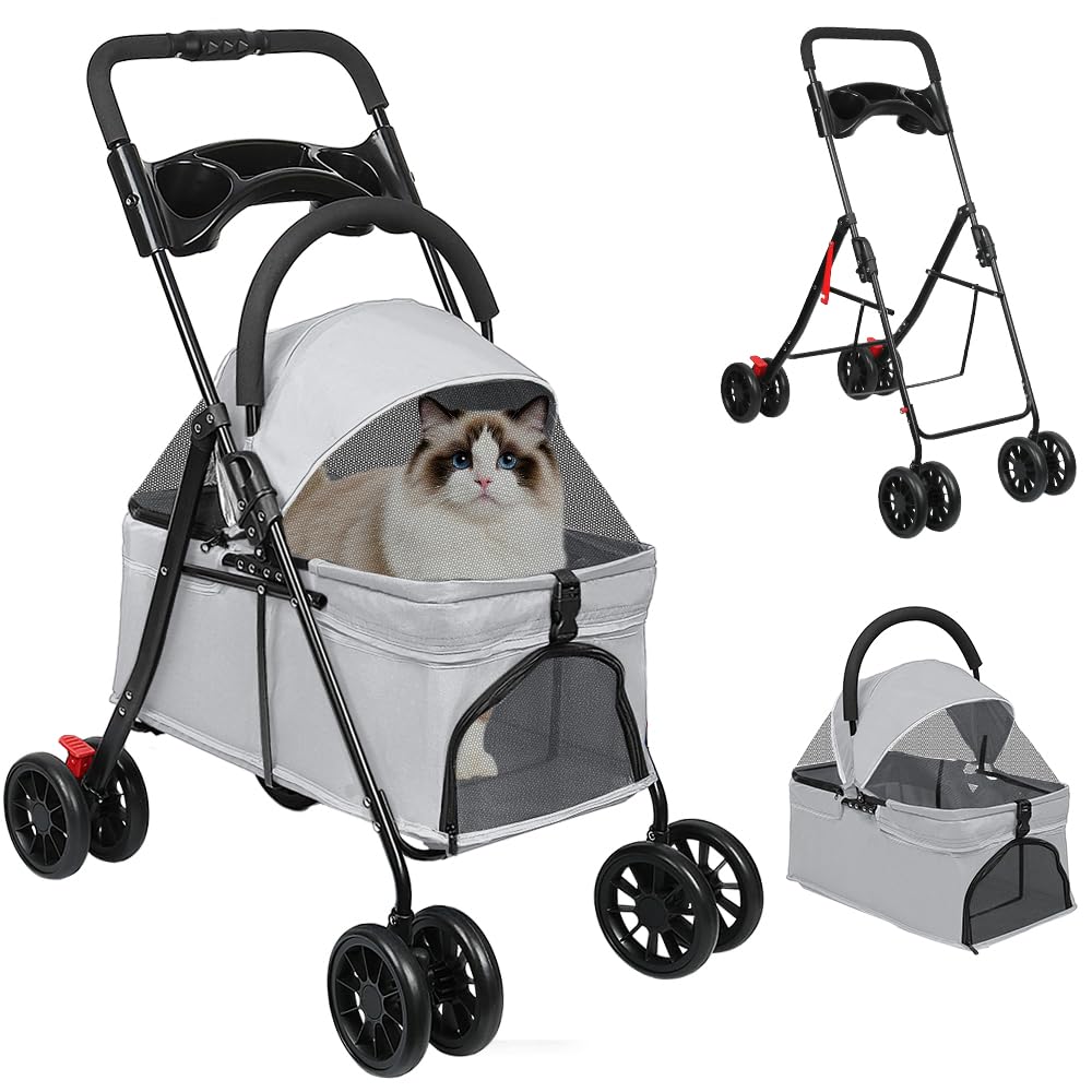 OHMG Poussette Chien 3-en-1, Poussette pour Chat Pliable, Panier de Rangement, Fenêtre en Filet, pour Petits Chiens et Chats, Jusqu'à 25 kg, 4 PCS Roues Résistant à l'Usure à 360°