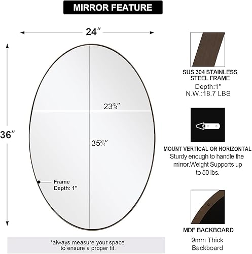 Miniatura 75 de ANDY STAR Espejos ovalados dorados para baño, 24 x 32 pulgadas, espejo de pared ovalado con marco de metal dorado cepillado, espejo de pared ovalado