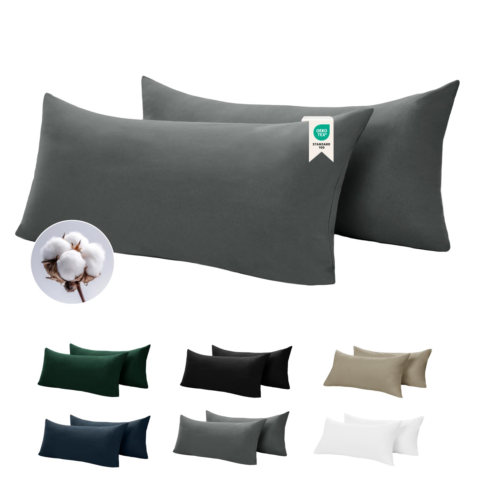 BEDELITE Kissenbezug 40 x 80 Baumwolle Grau - Kopfkissenbezug 40x80cm Anthrazit 2er Set mit extra Lange Reißverschluss, weiche Oeko-Tex Kissen Bezug Dark Grey Pillowcase Pillow Cover