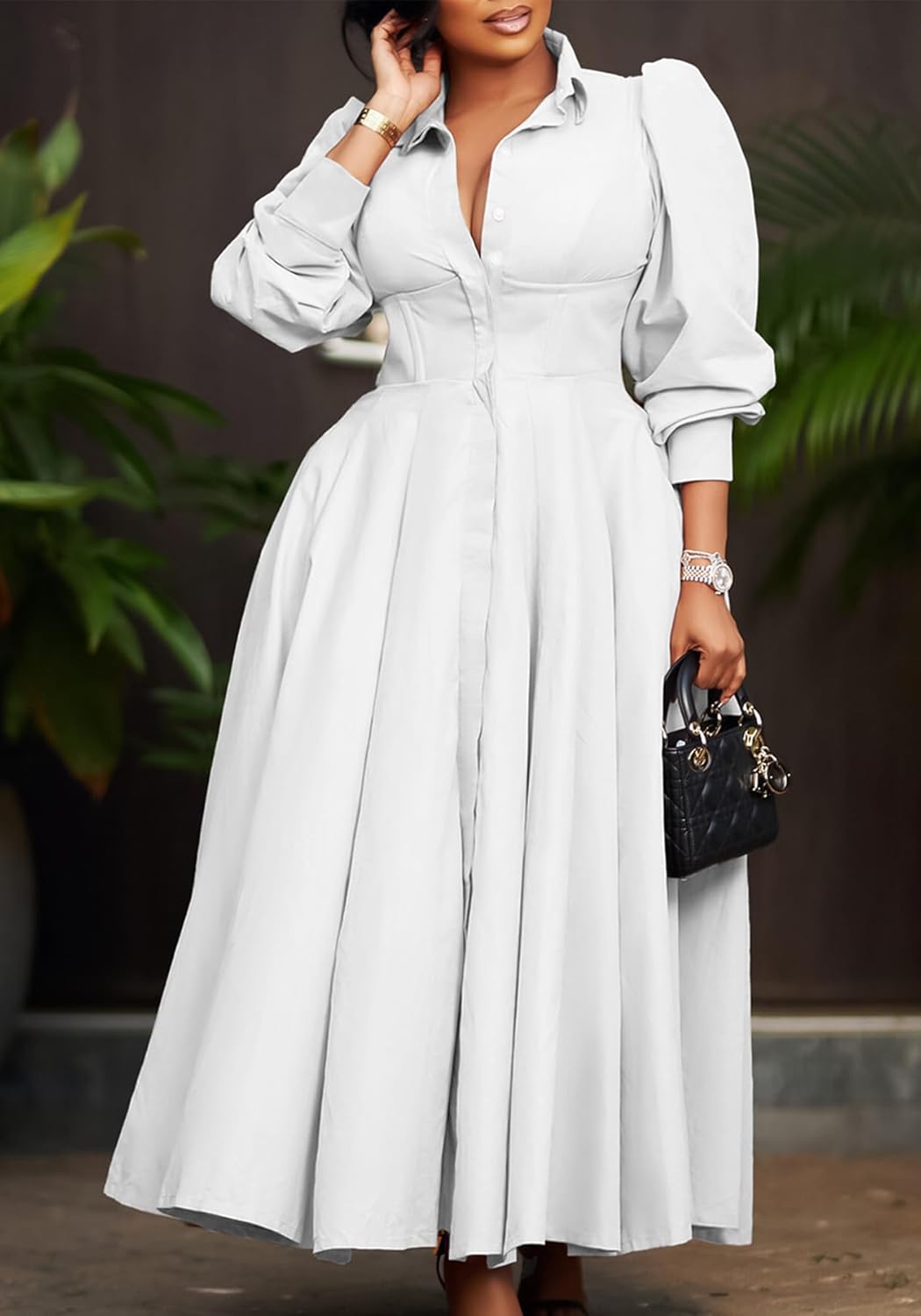 Tbahhir Women Casual Button Down Dress Flowy V Neck High Waisted Bubble Sleeve Maxi Shirt Dresses Elegant Formal Outfits