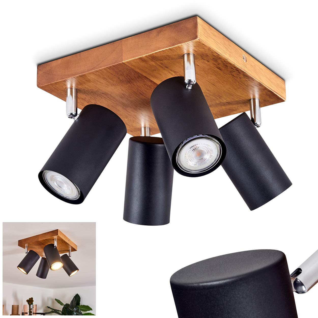 Plafonnier Zuoz en bois & métal noir, spots de plafond rotatifs de style moderne, luminaire idéal dans un salon contemporain, pour 4 ampoules GU10, ampoule(s) non incluse(s)