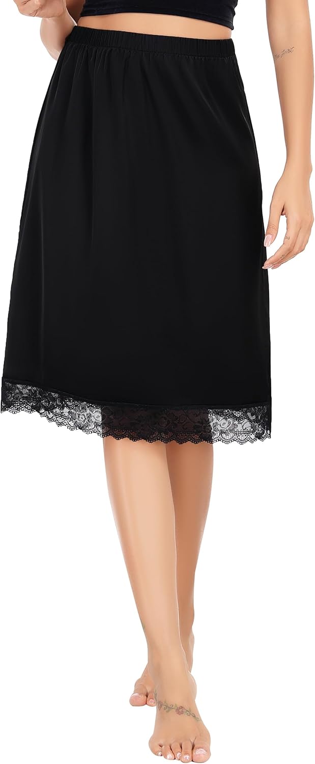 Lovasy Satin Half Slip for Women Under Dress Lace Long Underskirt Anti-Static Skirt Slips for Underdress S-3XL