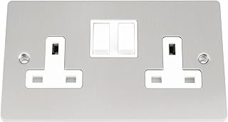 Socket 2 Gang - Satin Matt Chrome - Flat - White Insert Plastic Switch - 13A Double Wall Plug Socket