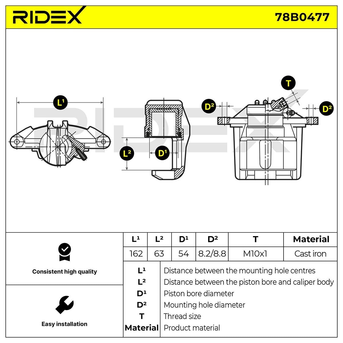 RIDEX 78B0477 Bremssattel Bremszange Vorne Rechts Vorne Kompatibel mit PEUGEOT 2008 Kombi CU 1617292180 441068 4400N1