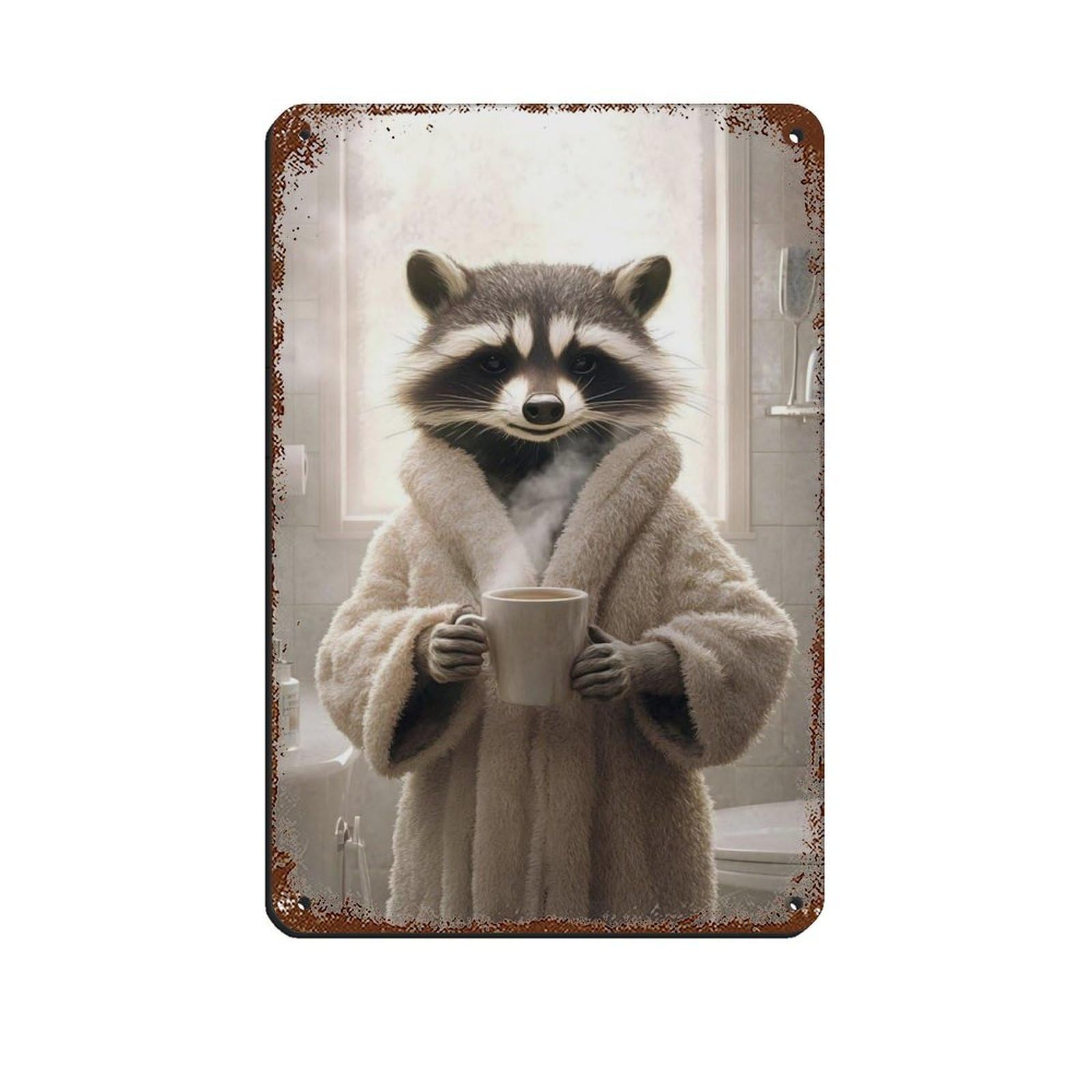 Lxwnze 20L X 30W Cm Cute Raccoon Art In Cozy Bathrobe With Coffee Retro Poster Metal Tin Sign Chic Art Retro Iron Painting Bar People Cave Cafe Family Garage Poster Wall Decoration 8X12inch(20X30cm)