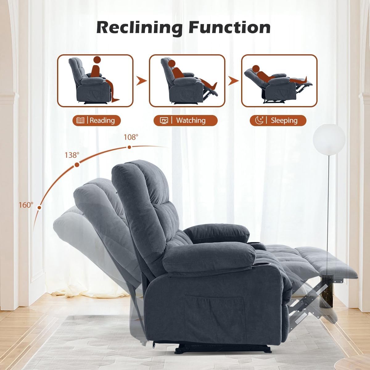 MAHOMICO Recliner Chair with Cup Holders for Living Room Single Seat Manual Oversized Recliner with Ergonomic, Side Pocket for Adult view 6