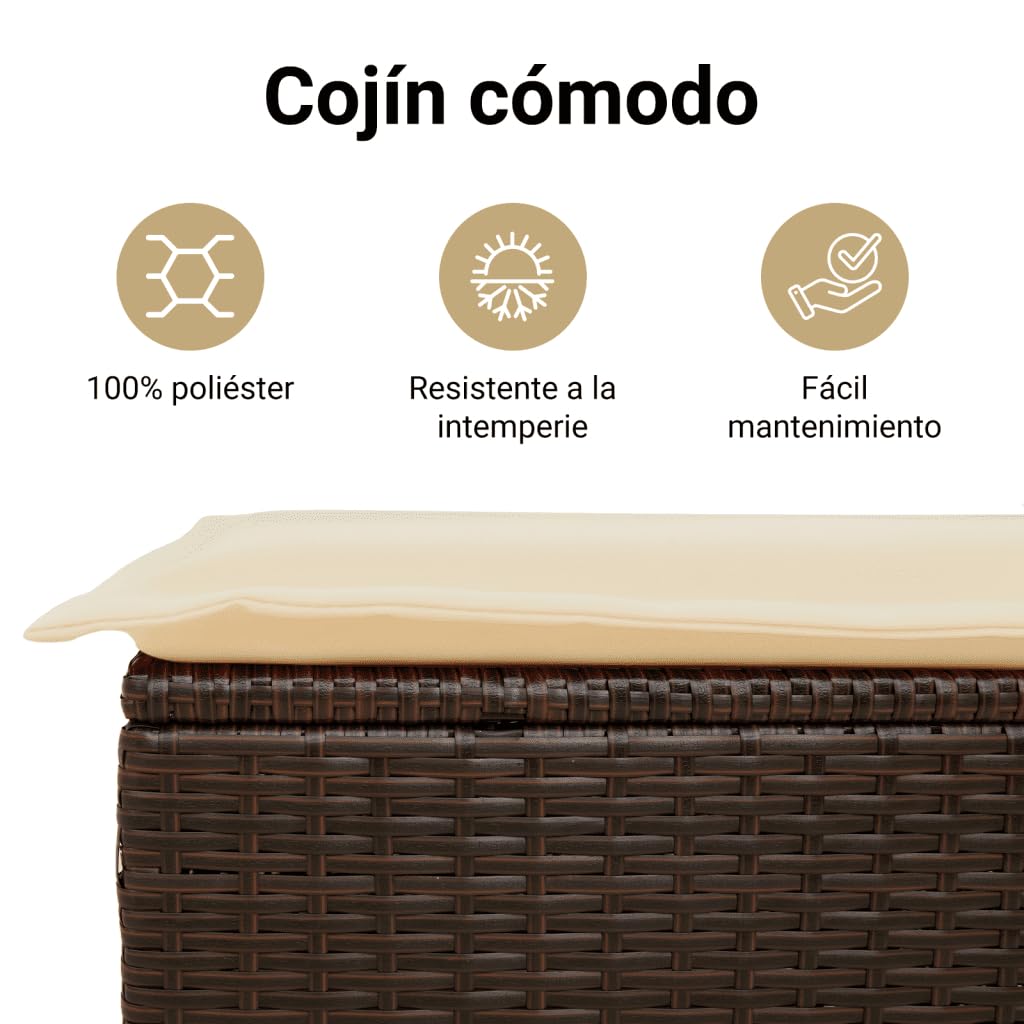 vidaXL Banco de Almacenaje con Cojín, Asiento Exterior, Caja Almacenamiento, Mueble Banco para Patio Jardín Terraza, Ratán Sintético Marrón