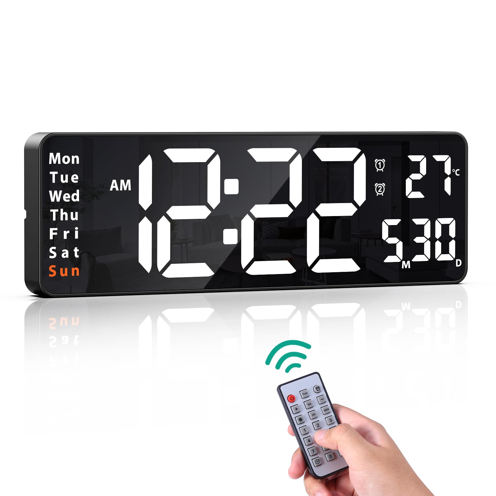 ORIA 16'' Reloj de Pared Digital, Reloj de Pared LED con Pantalla Grande, Reloj Despertador con Control Remoto, 2 Juegos de Alarma, Brillo y Temporizador Ajustables, Hora/Fecha/Temperatura - Blanca