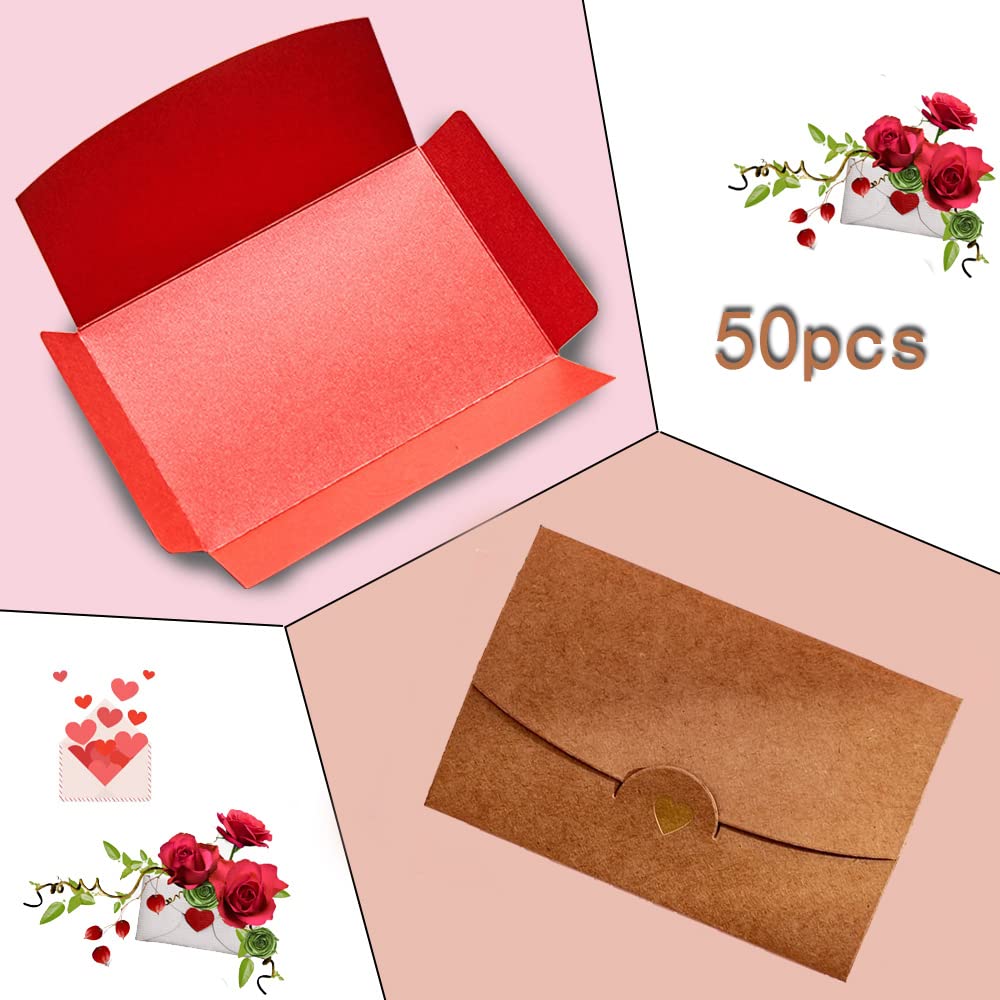 Mini Envelopes, 50 Pieces Mini Gift Card Envelopes, Kraft Paper Mini Envelope, with Heart Clasp - Image 2