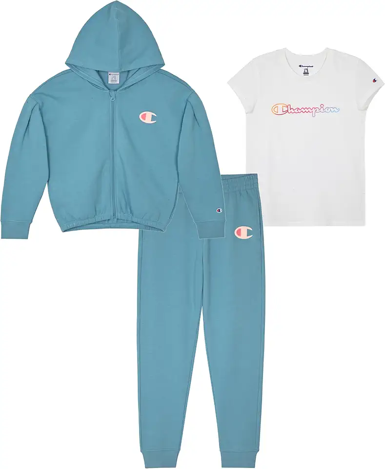 Champion Girls' 3-Piece Clothing Set, Fleece Zip Hoodie, Jogger Pants and T-Shirt, Sizes 2T-16
