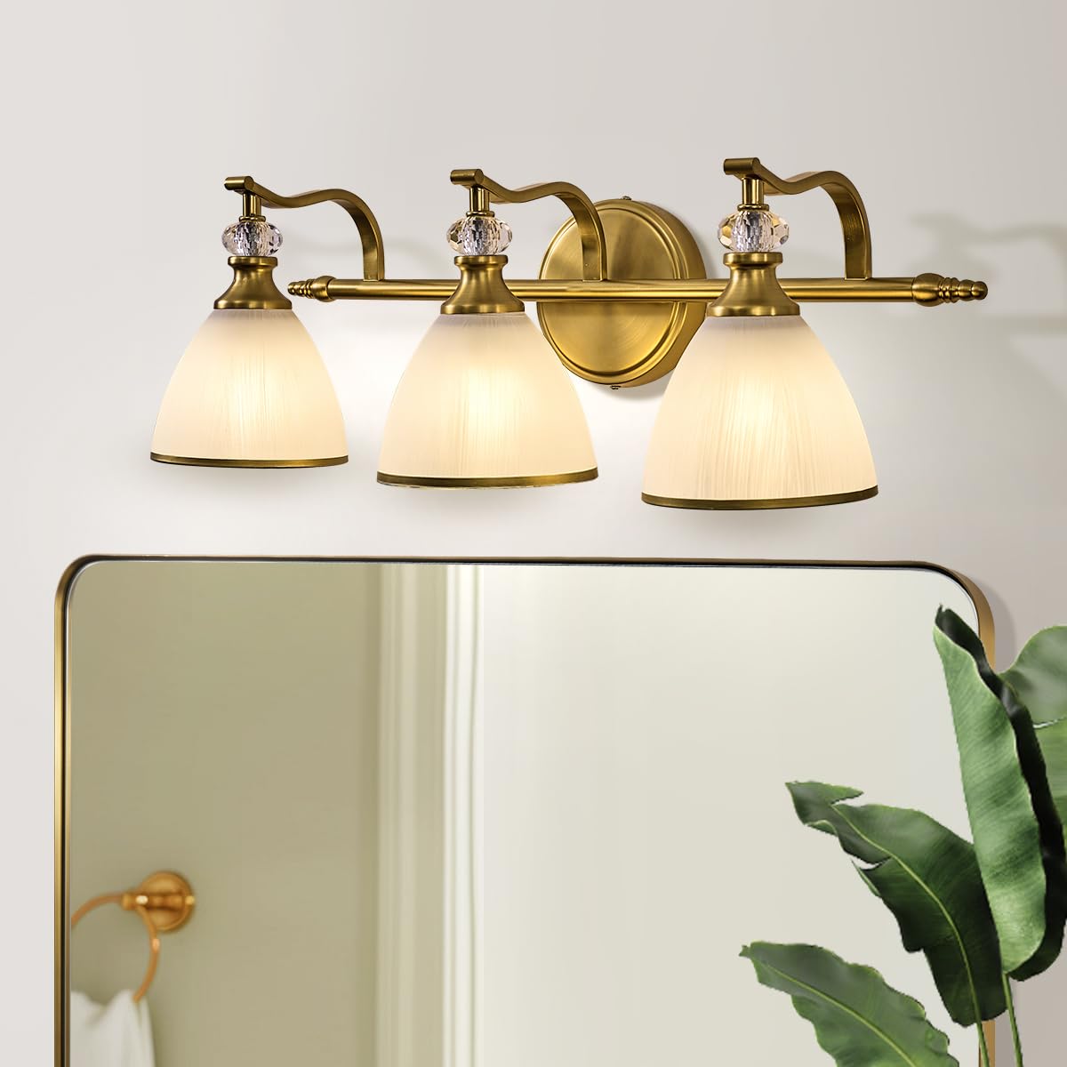 Photo 1 of ANDY STAR Bathroom Light Fixture, 3-light Brass Vanity Light, Vintage Bathroom Lights Over Mirror with Crystal Beads, Wall Sconce Lighting with Frosted Milky Glass Shade, E26 Base (Bulbs Not Included)