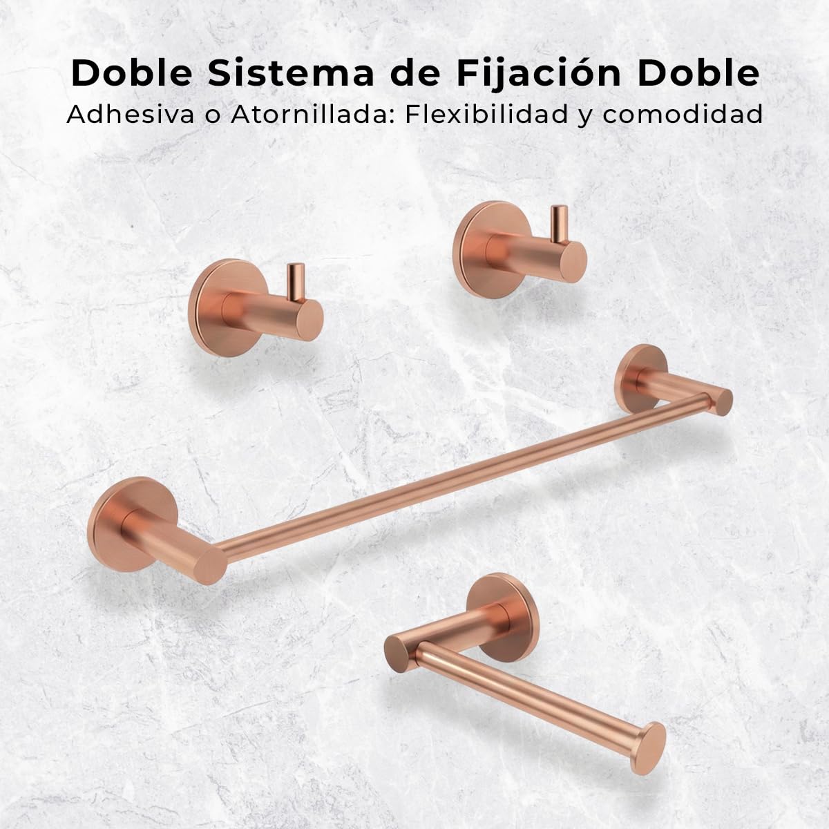 Set de 4 Accesorios de Baño Acero Inoxidable Piezas Premium - Toallero 40 Cm, Portarrollos y 2 Perchas - Color Oro Rosa Cepillado con Acabado PVD y Doble Fijación - The Bath Point