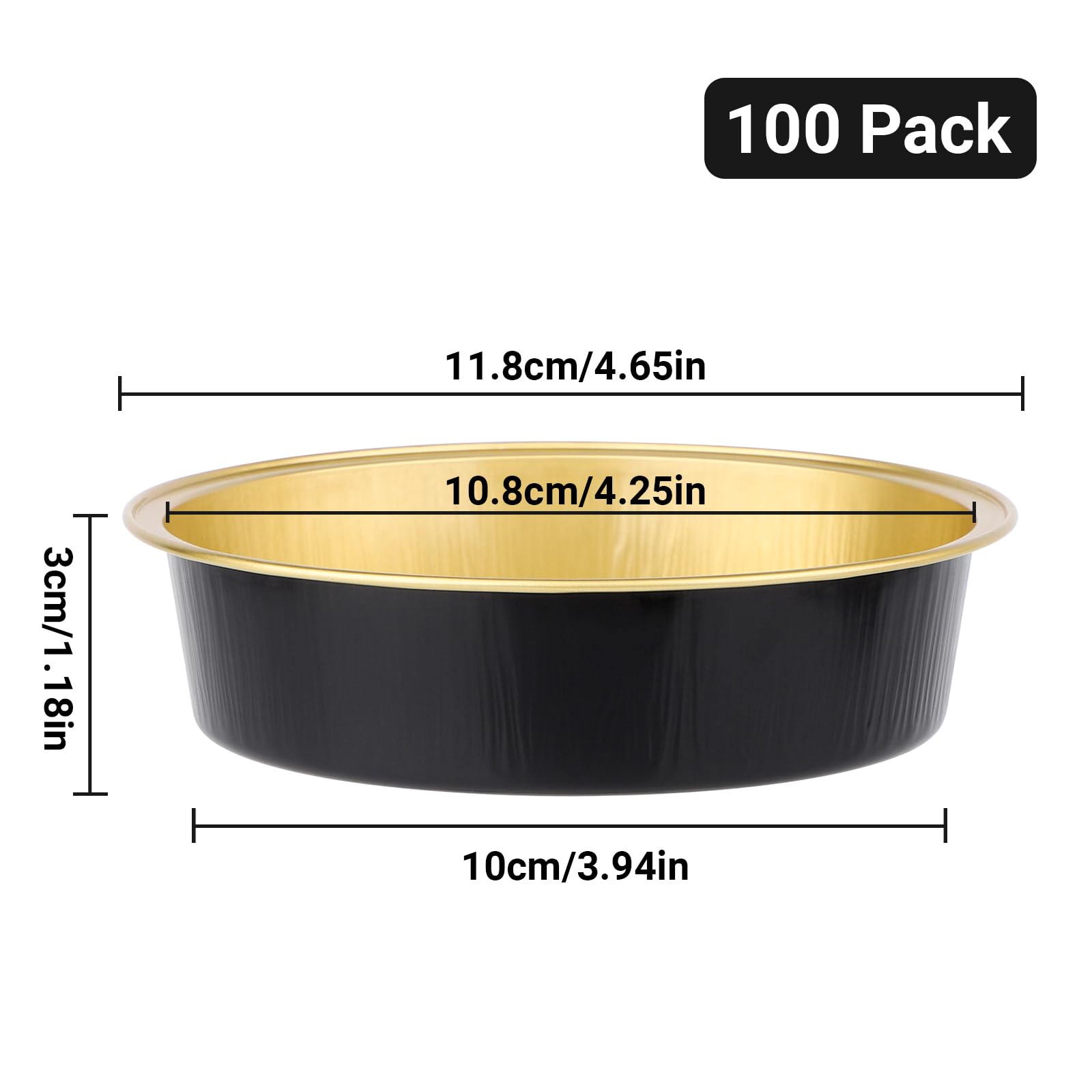 Beasea Lot de 100 ramequins jetables en aluminium de 10,2 cm, 215 ml, mini ramequins sans couvercles pour cupcakes – Tasses de cuisson en aluminium pour fête – Noir et doré
