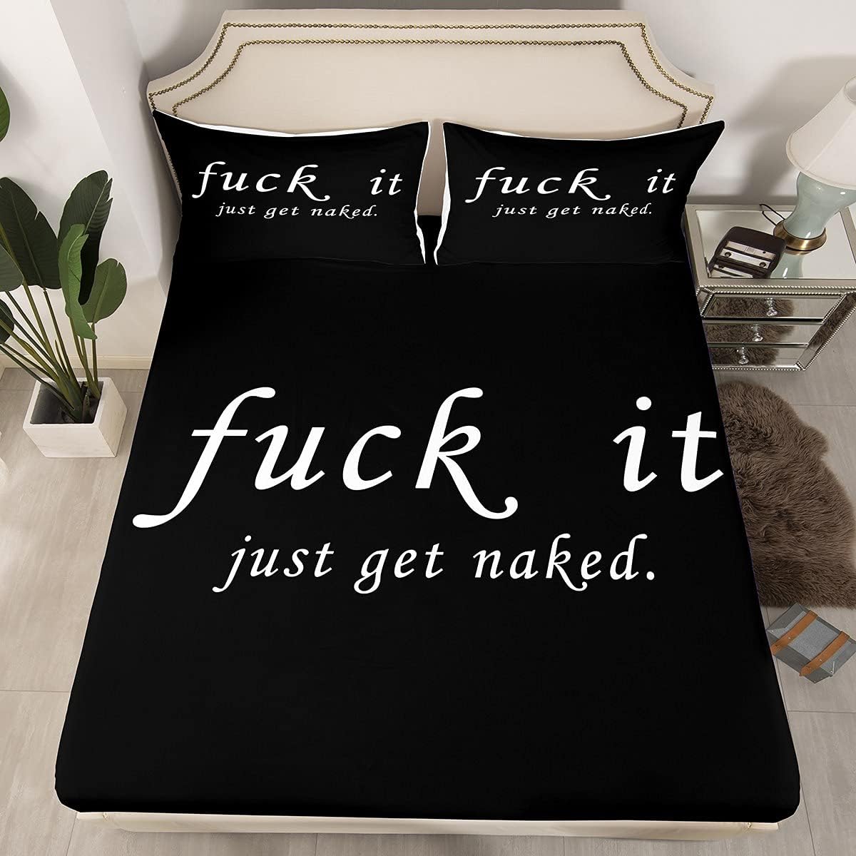 Funny Quotes Fitted Sheet & Pillow Sham Set Get Naked Bedding Set for Couple Lover Men Women Romantic Bed Sheet Set Black and White Creative Words Bed Cover No Flat Sheet 3Pcs Double Size