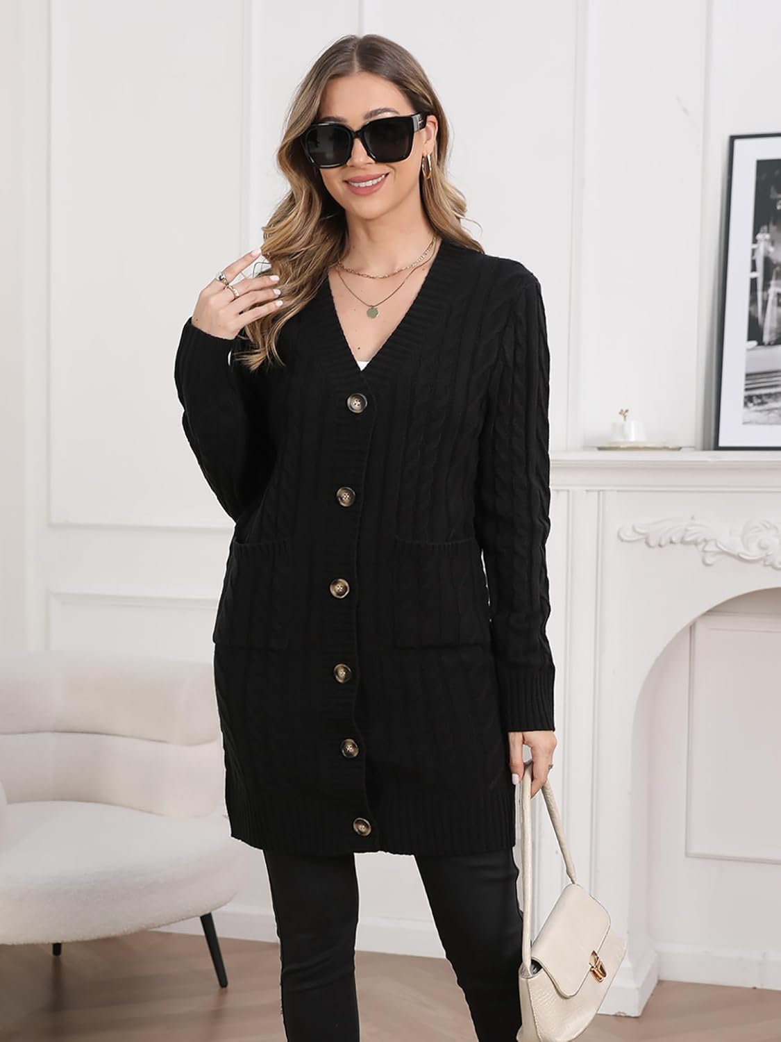 Womens Cardigan Sweaters Cable Knit Sweater 2025 Fall Winter Chunky Open Front Button Down Coats with Pockets - Image 3