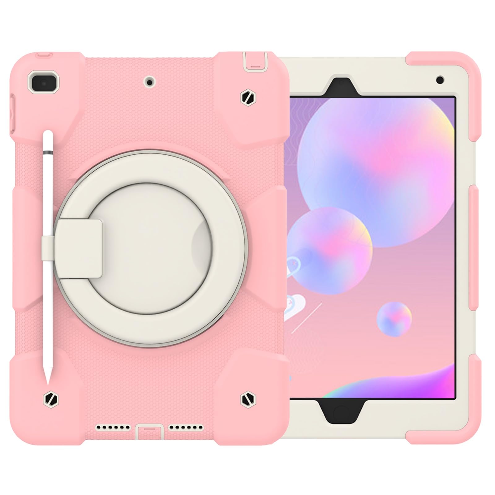 Etui dziecięce kompatybilne z iPadem 9./8./7. generacji 10,2 cala (etui na iPada 9/8/7 generacji), iPad7/iPad8/iPad9 obrotowym uchwytem, ​​stojakiem i paskiem, miękkie silikonowe etui tablety(Pembe)