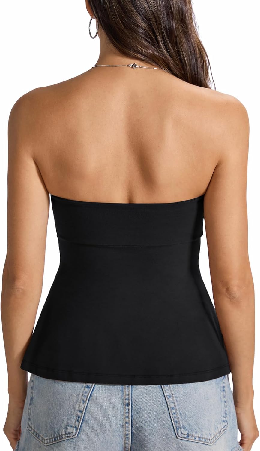 Womens Cotton Tube Tops Tie Front Ruched Strapless Tank Cute Babydoll Bandeau Top Sexy Crop Going Out Outfit - Image 6