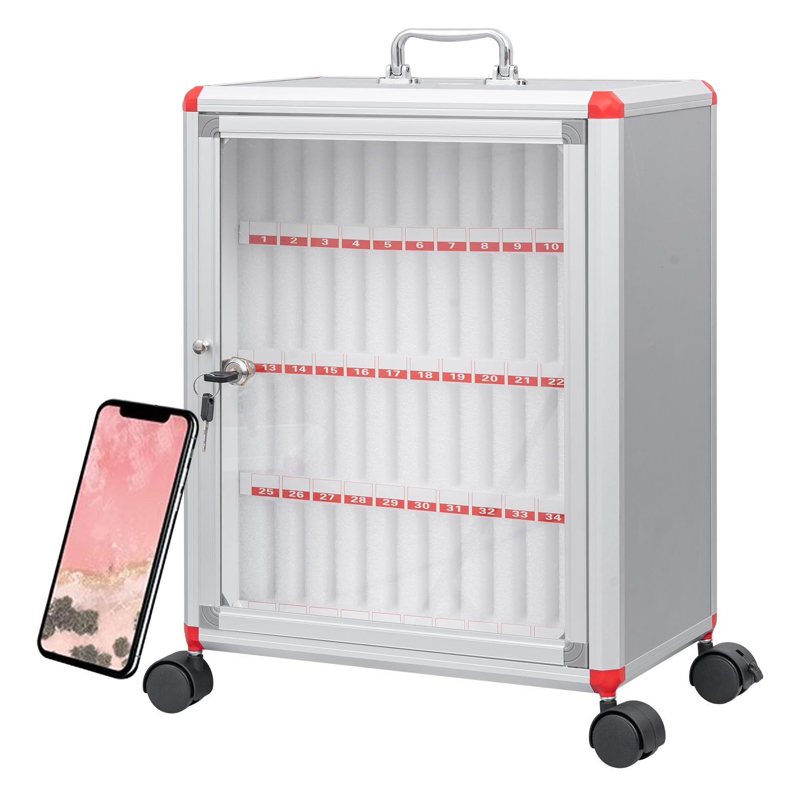XDXINY Mobile Phone Locker 12/24/36/48/60 Slots Mobile Phone Storage Cabinet with Carry Handle, Lock, Aluminium Wall Mounted or Desktop Management Box Suitable for School, Offices (Silvery B, 48 Slot) — image 1
