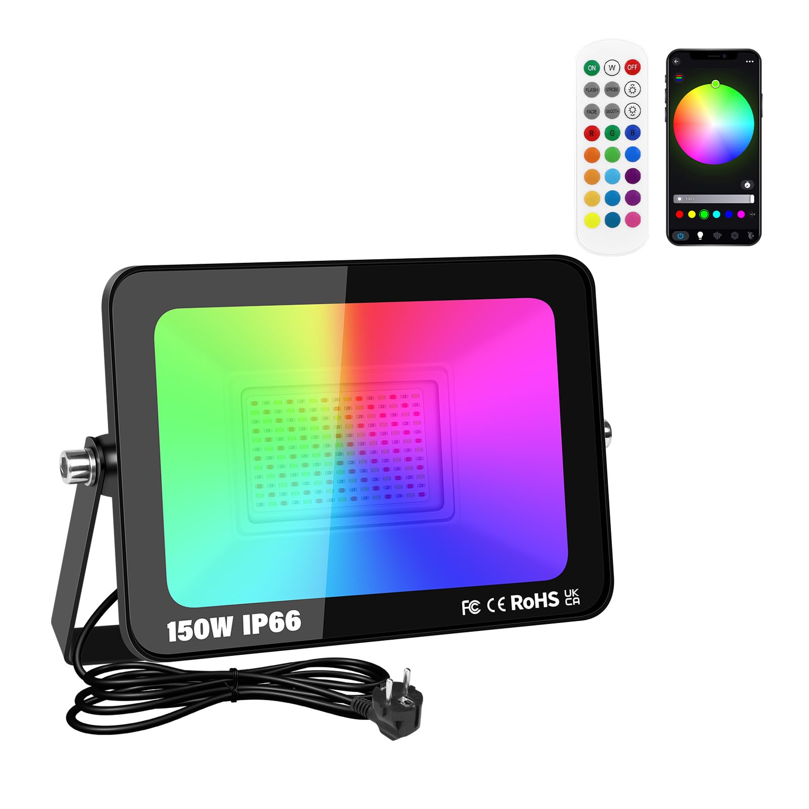 Willpower 1X RGB LED Strahler APP 150W Fluter Dimmbar Mit IR Steuerung | RGBW Flutlicht 15000LM, 16 Farbwechsel 4 Modi, Mit Stecker, Smart Timer, IP66 für Außen Innen Garten Party Deko Baum