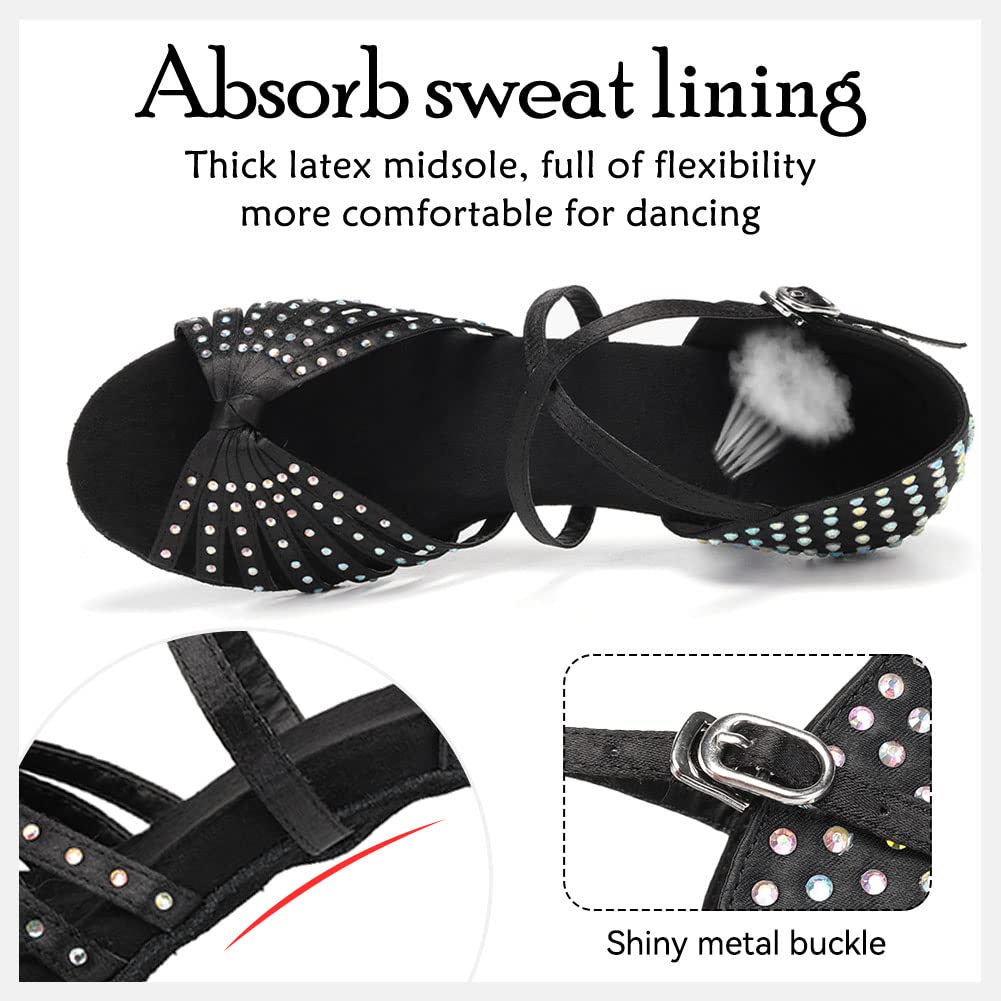 HIPPOSEUS Women's Latin Dance Shoes Black Shiny Rhinestones Ballroom Party Salsa Dance Performace Shoes 3inch Heel, Model L459, 8 B(M) US