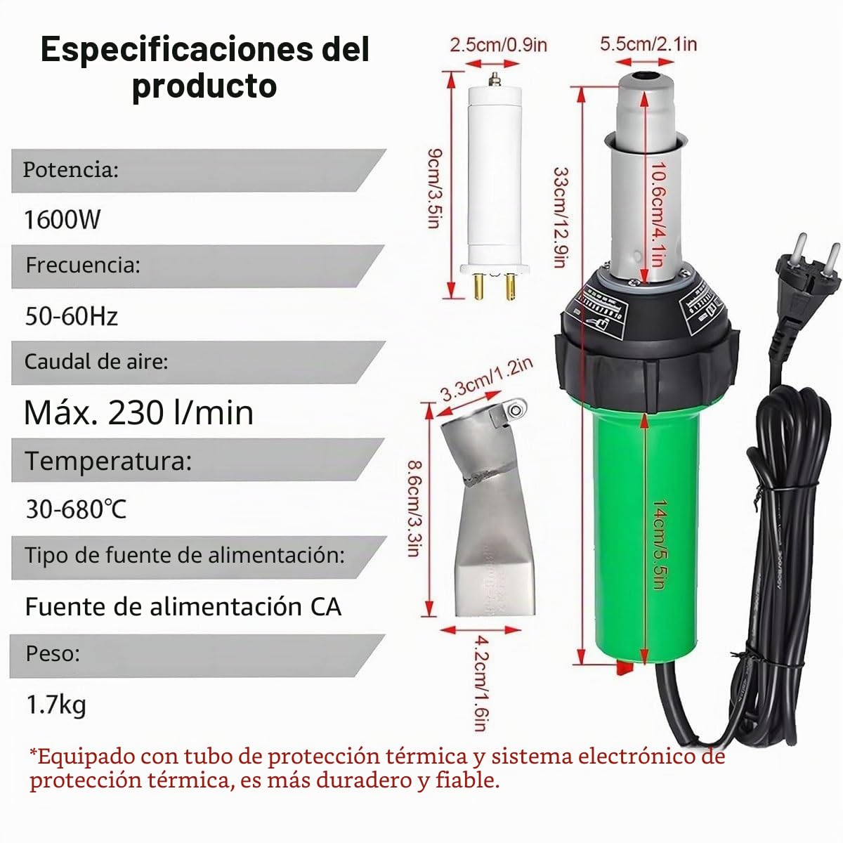 Pistola de soldadura de aire caliente, soldadora manual de plástico PVC variable de 1600 W con boquillas y accesorios para bricolaje mejoras del hogar y pelado de pintura