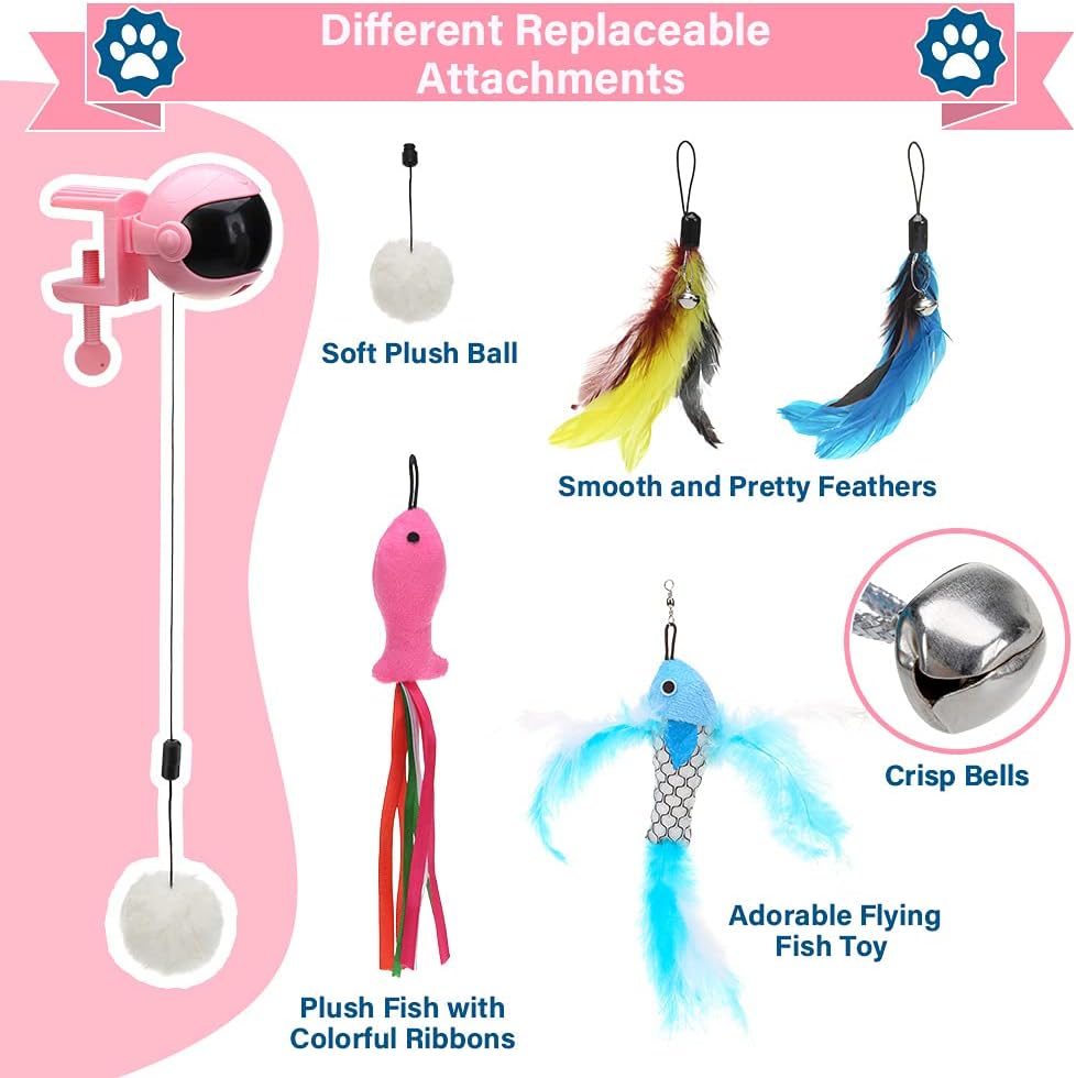 Hanging Cat Toys - Automatic Interactive Cat String Toys, Teaser Ball with 4 Refills - Cat Plush Toy Ball & Feather Toy - Up and Down for Indoor Cats