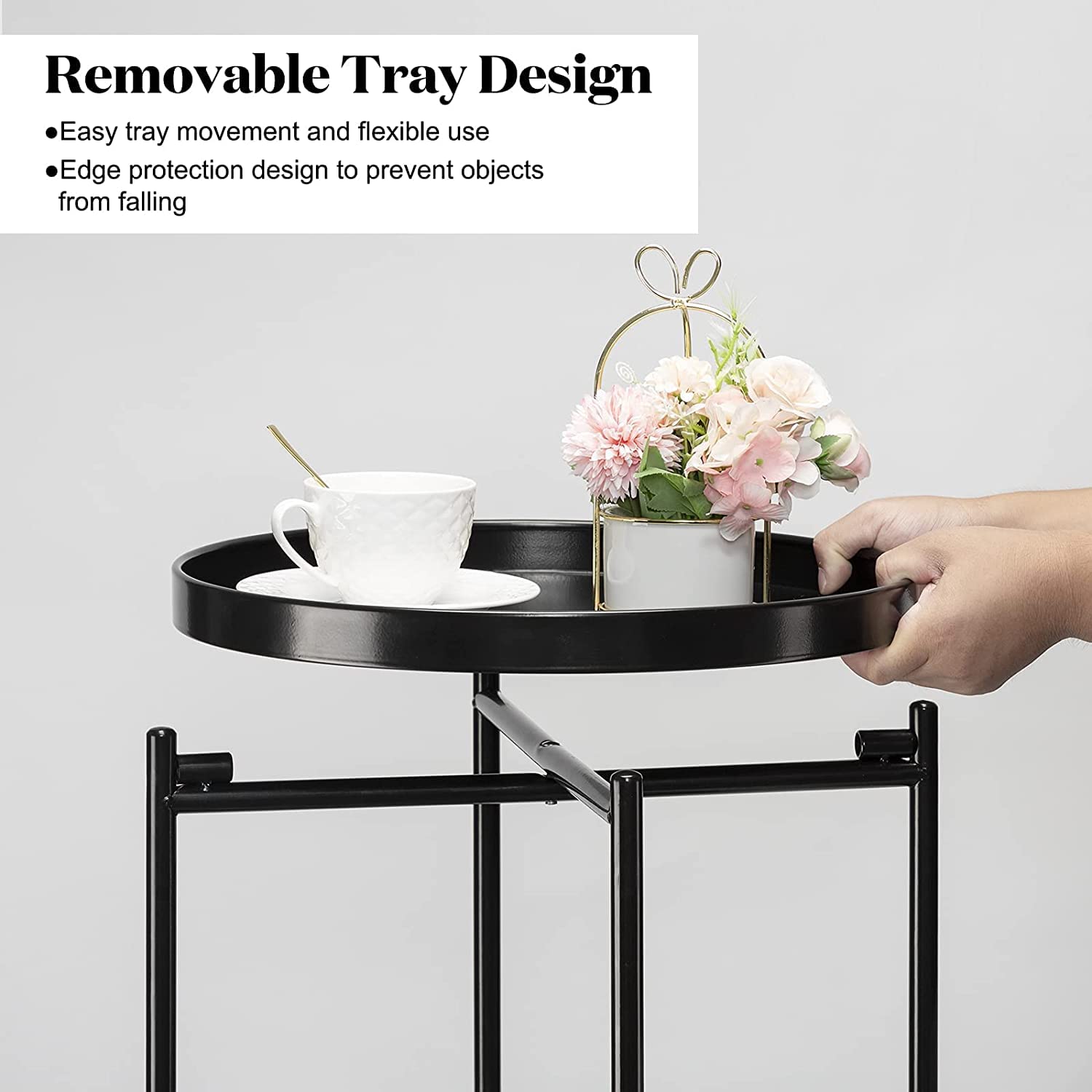 INDIAN DECOR 89201 Round Side Table 2-Tier, Metal End Table with Removable Tray, Small Outdoor Table Folding Accent Table, Anti-Rust Black Nightstand for Bedroom Balcony Patio (Black) 2