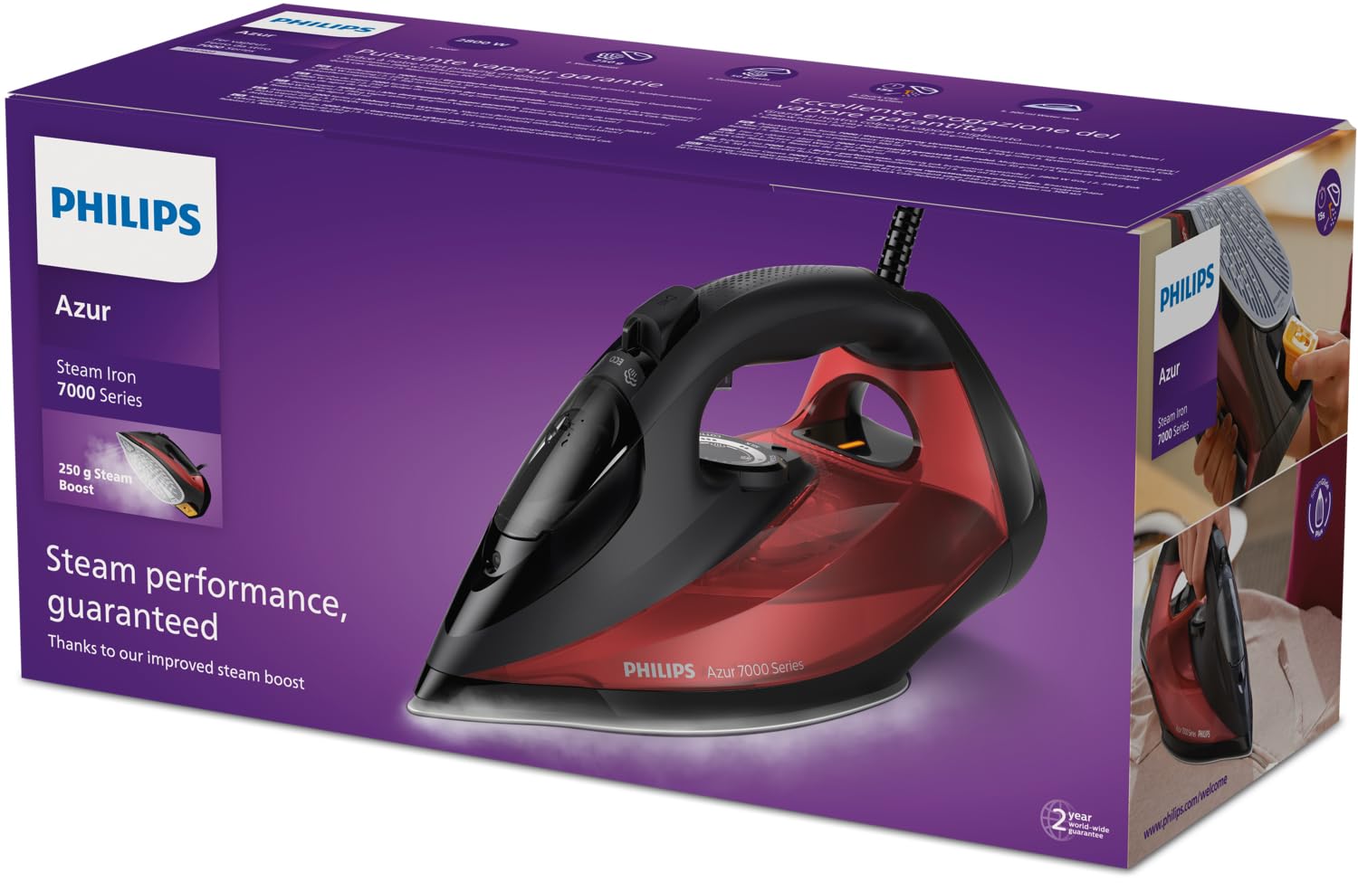 PHILIPS DST7022/40 - Fer à repasser - Série 7000-2800W - Vapeur continue 50g/min - Effet pressing 250g/min - Semelle SteamGlide Plus - Système anticalcaire Quick Calc Release