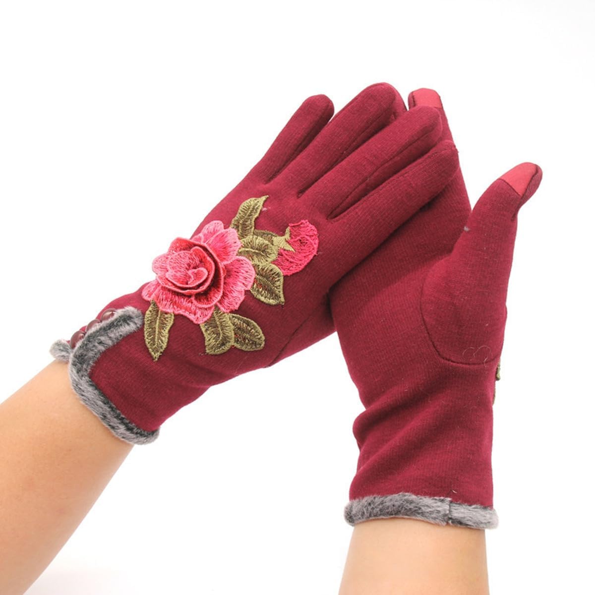 Specell Women Winter Warm Gloves Embroidered Flowers Fleece Lining Touchscreen Fingertips Mittens Windproof for Cold Weather