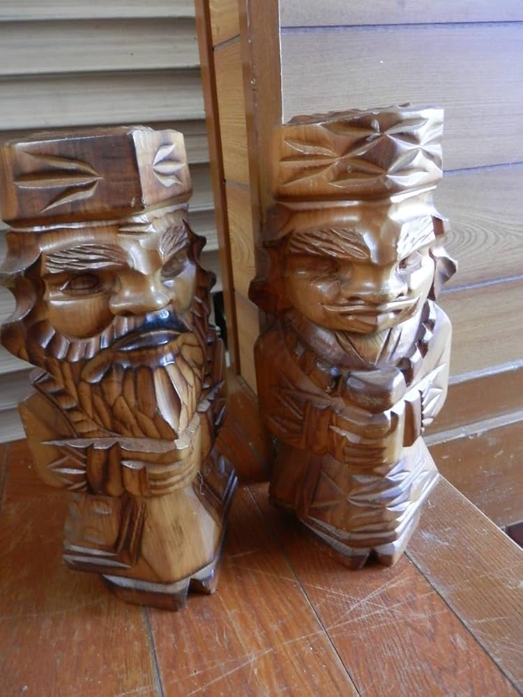 アイヌ彫り角盆　最終価格 Ky88 アイヌ木彫り人形 2体セット ニポポ 北海しずめ彫 玄旺作