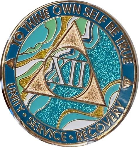 12 Year AA Medallion Elegant Marble Caribbean Aqua Glitter Blue Gold Plated Chip XII