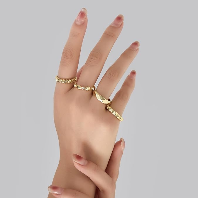 Mytys 4Pcs Gold Plated Stackable Rings Set for Women, Geometric Wedding Band Alternative, Minimalist Statement Rings with CZ, Dainty Fashion Jewelry Gift