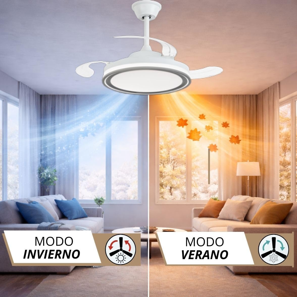 NARVI ceiling fan demonstrating winter mode (warm air circulation) and summer mode (cooling breeze) in a living room.