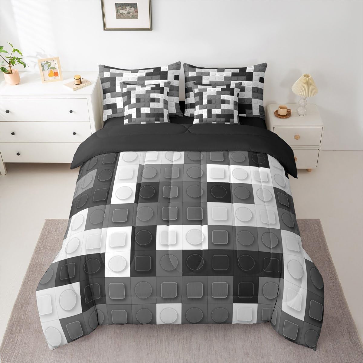 Feelyou Building Blocks 7 Piece Bedding Set Twin Size Bed Set Includes Comforter, Sheet Set, Pillowcases & Pillow Covers for Brick Comforter Set with Sheets, Black Grey White