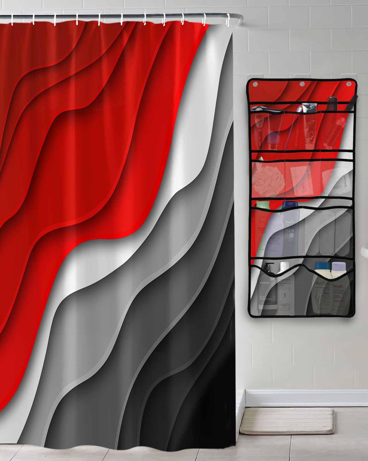 Shower Curtain Mesh Shower Organizer Hanging Set Abstract Beach Aesthetic Grey to Red Gradient Waterproof Shower Curtains with