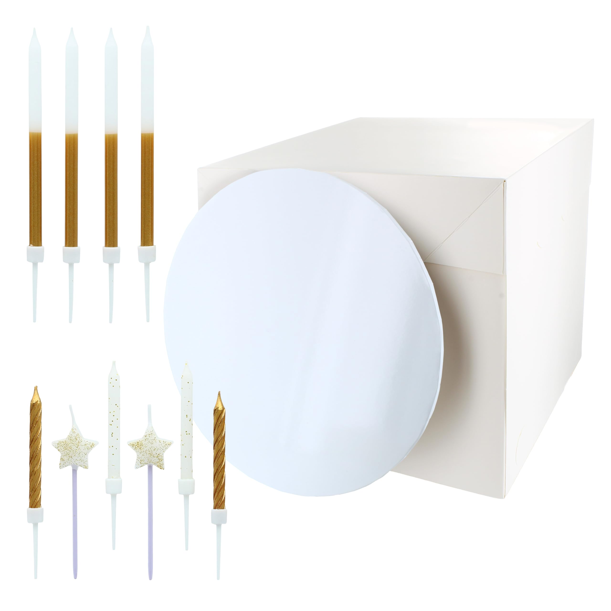 Culpitt Gold Birthday Cake Kit | Cake Candles, Cake Board, Cake Box | Gold Glitter Candles with Star, Spiral, Sparkle for New Years Eve - 10 Decorations, 10" White Masonite Board, White Box