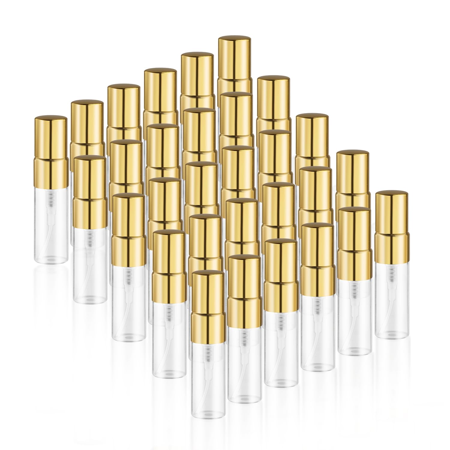 BOSMIOW 30Pcs 3ml Empty Clear Glass Mist Spray Bottle with Golden Aluminized Nozzle,Refillable Mini Perfume Atomizer,Travel Sample Liquid Bottle,
