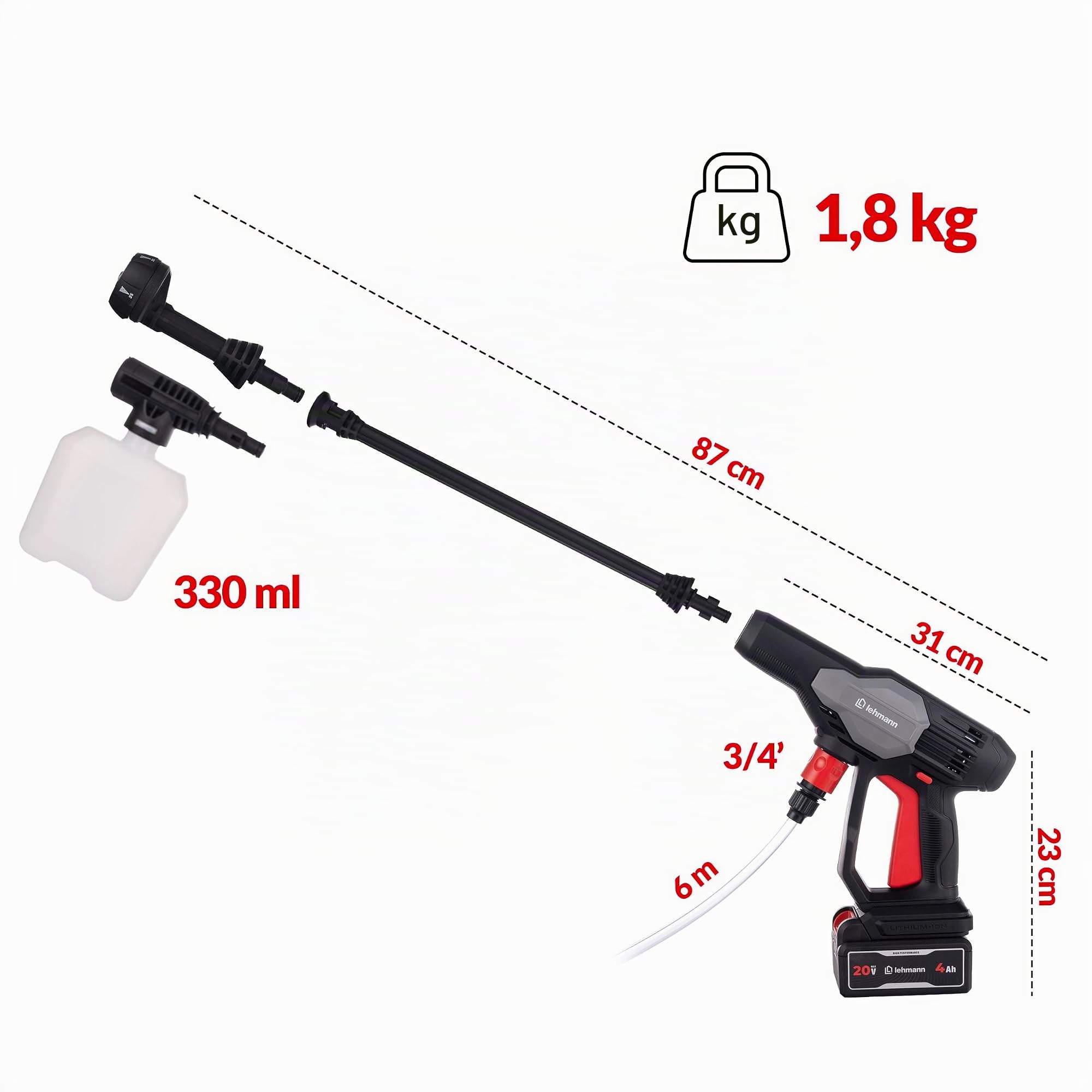LEHMANN STREAM Mini Idropulitrice Portatile a Batteria 20V Max con Batteria 4Ah, Idropulitrice Autoadescante con Lancia 5 in 1, Tubo 6 m e Schiumatore per Auto e Terrazzo