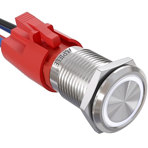 APIELE 10 Amp 16mm Latching Push Button Switch 12V Angel Eye LED Waterproof Round Self-Locking 1NO (Silver Stainless Steel, White)