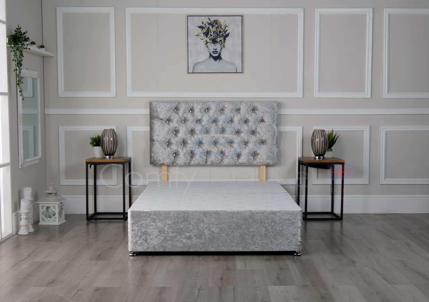 Comfy Deluxe LTD 5FT King Size Bed base with 20-Inch Chesterfield Headboard - Red Crushed Velvet Divan Bed Frame with No Mattress Included, Chrome Glider Feet & 2 Drawers Foot End - UK Made