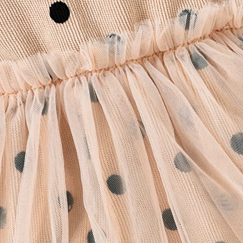 Newborn Baby Girls Tutu Romper Dress Clothes Ruffle Neck Tulle Patchwork Long Sleeve Polka Dot Bodysuit Dress For Infant (Beige Dot, 12-18 Months) #TOP2