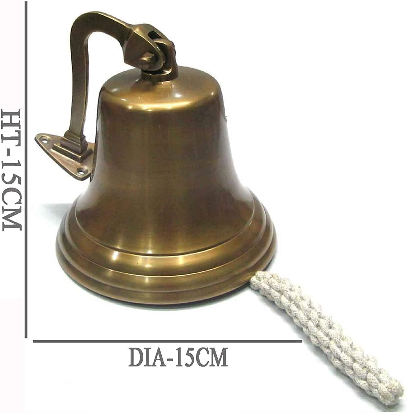Campana de pared de latón antiguo, campana decorativa grande con soporte de montaje y tirador de cuerda, acabado de bronce